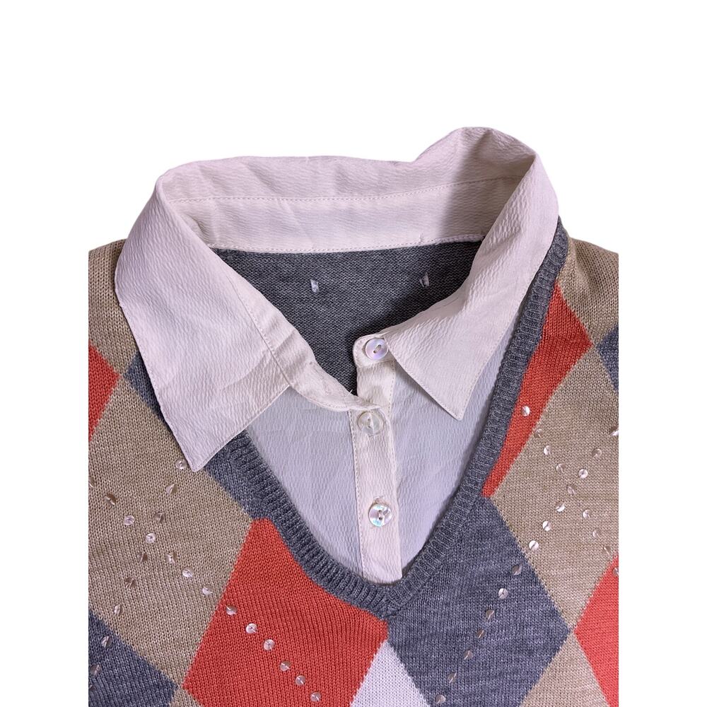 Vintage Diamond Knit Sweater Vest Sequins Preppy Womens 10/M - Picture 2 of 5